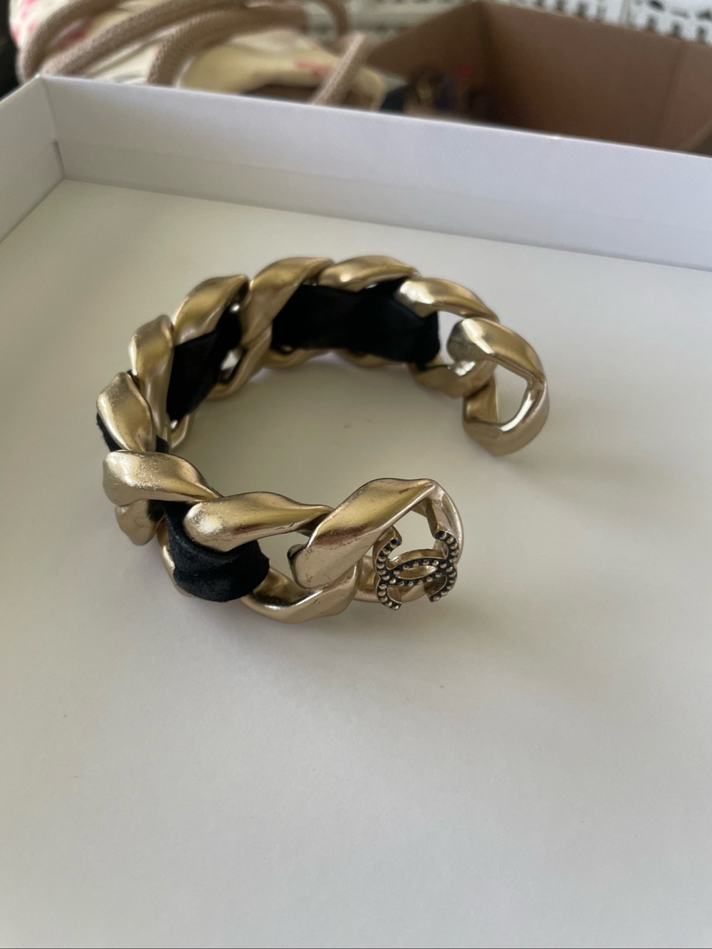 CHANEL Vintage Runway Black Leather Ribbon Chain Cuff Bracelet Gold Tone Auth!